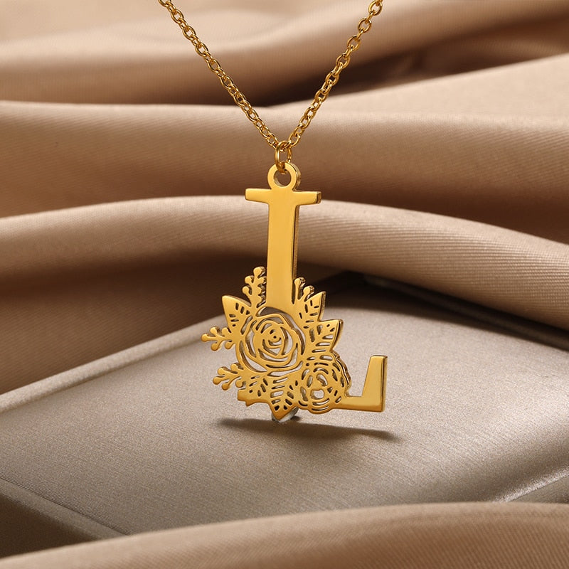 Personalized Rose Initial Letter Pendant Necklace (3 Colors) A-Z