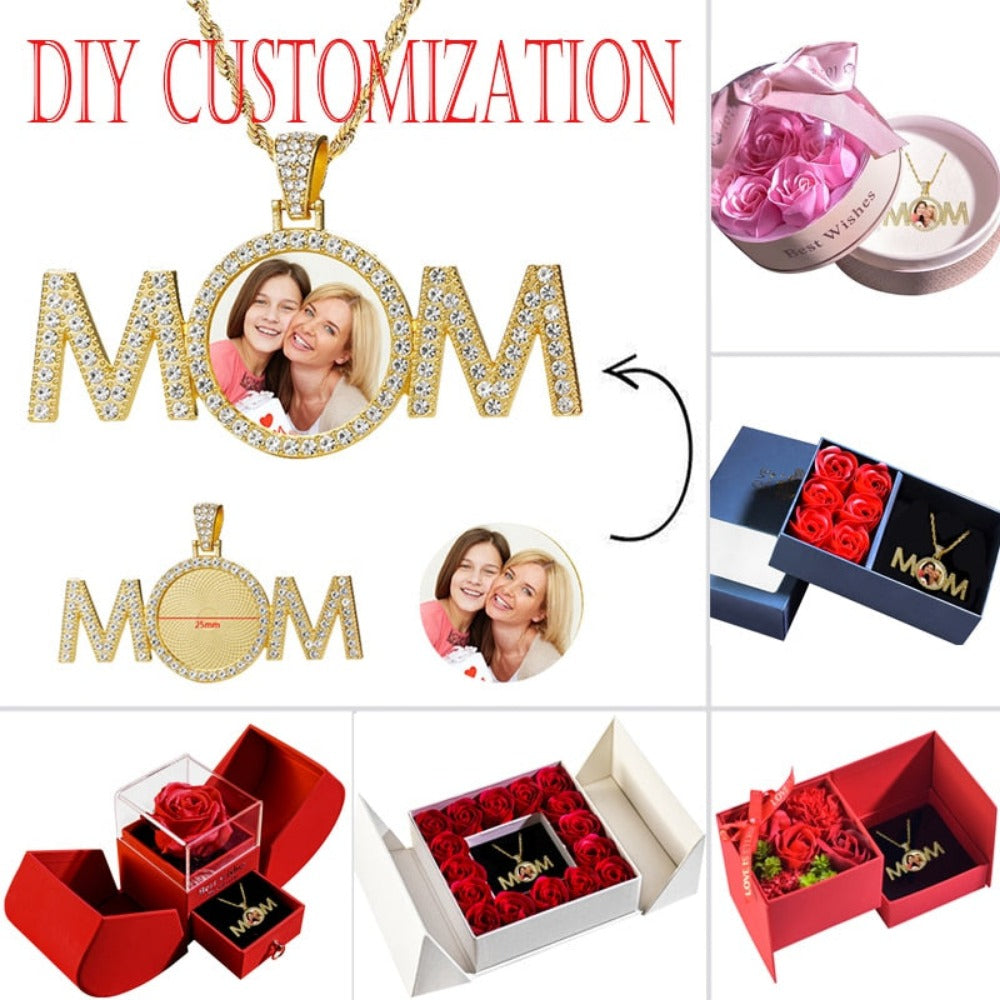 Custom Photo Mom Pendant Necklace Gift Set (2 Colors)