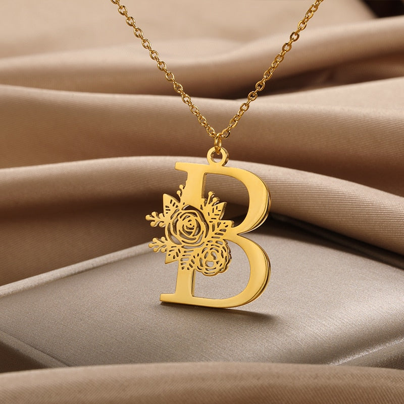 Personalized Rose Initial Letter Pendant Necklace (3 Colors) A-Z