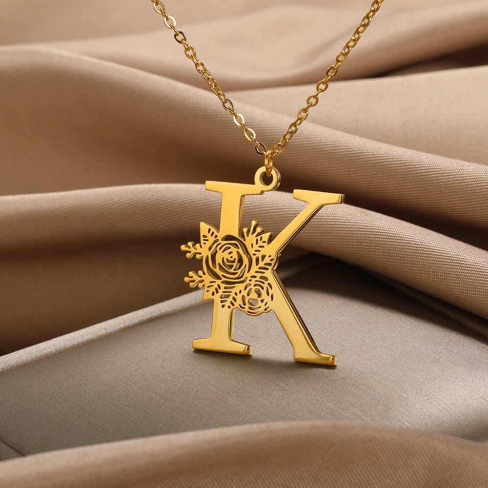 Personalized Rose Initial Letter Pendant Necklace (3 Colors) A-Z