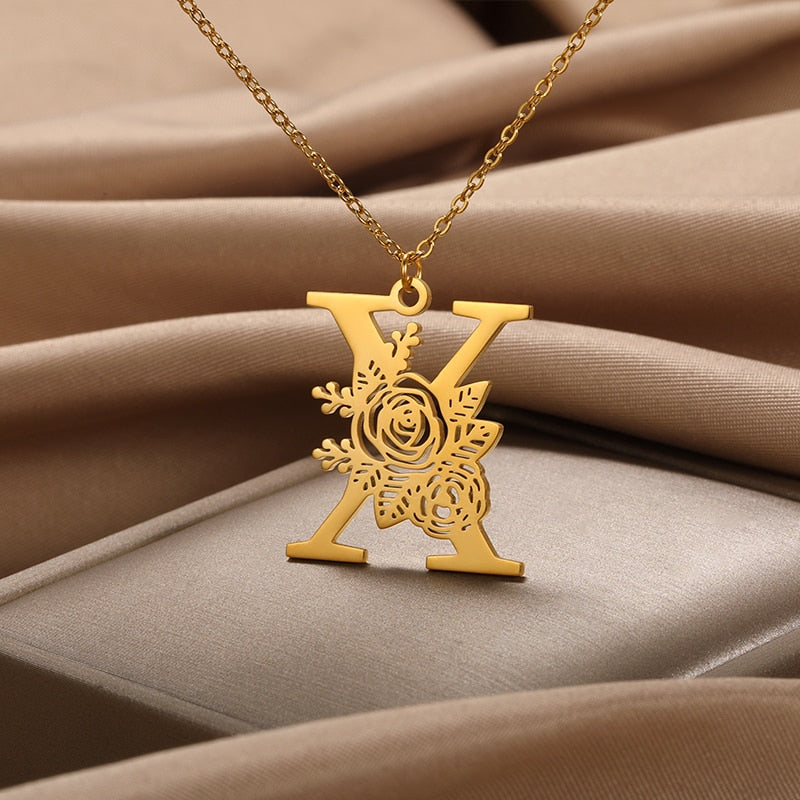 Personalized Rose Initial Letter Pendant Necklace (3 Colors) A-Z