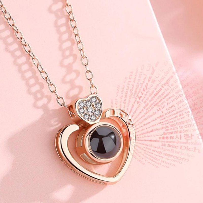 "I Love You" Forever (Double Heart) 100 Language Micro Projection Necklace