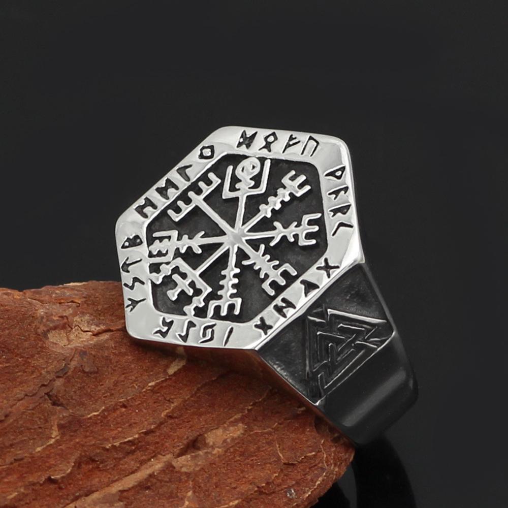 Viking Totem Odin Nordic Runic Compass Stainless Ring for Men (7 Sizes)
