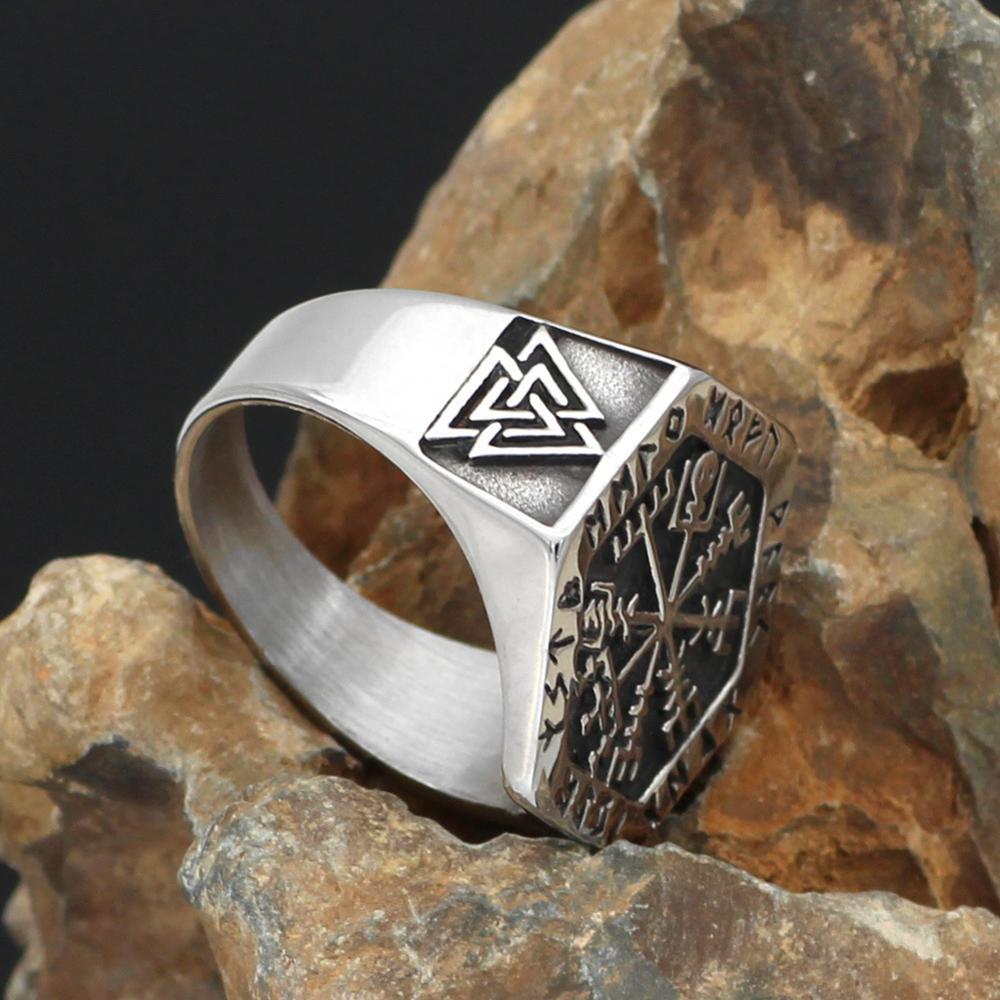 Viking Totem Odin Nordic Runic Compass Stainless Ring for Men (7 Sizes)