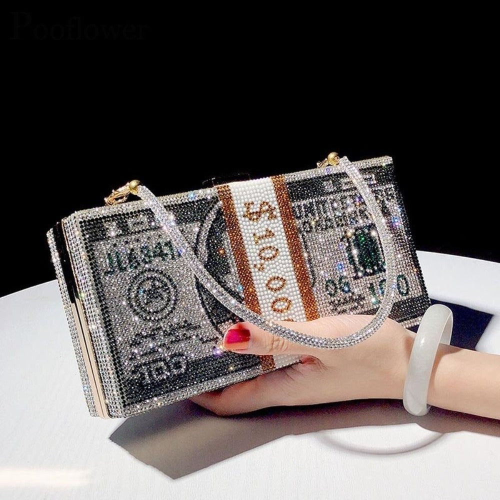Rhinestone Ice 10,000 Dollar Bill Clutch Purse (8 Designs)