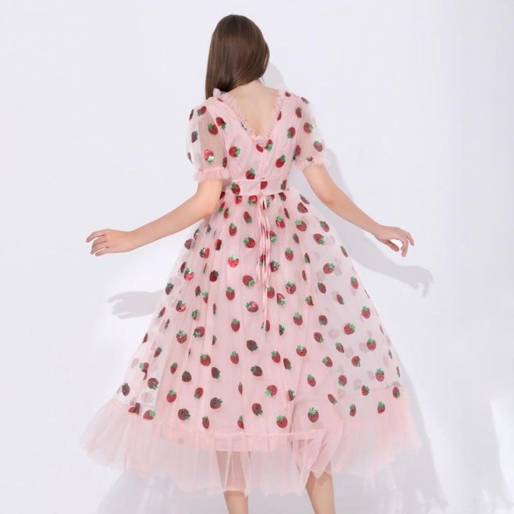 Strawberry Dress V-Neck Puff Sleeve (4 Colors & 11 Designs) S-5XL