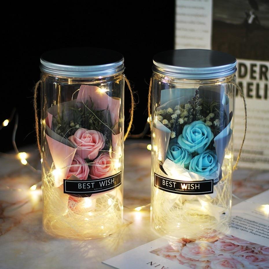 Mini Mason Jar Bouquet Enchanted Rose LED Display (3 Colors)