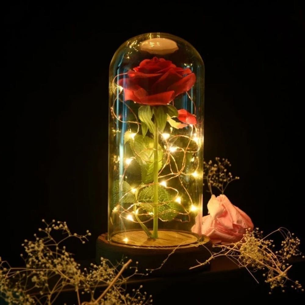 Black, White or Red Enchanted Rose LED Glass Display