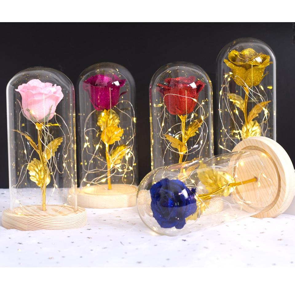Shimmering Gold Glitter Enchanted Rose LED Glass Display (5 Variants)