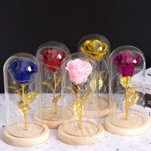 Shimmering Gold Glitter Enchanted Rose LED Glass Display (5 Variants)