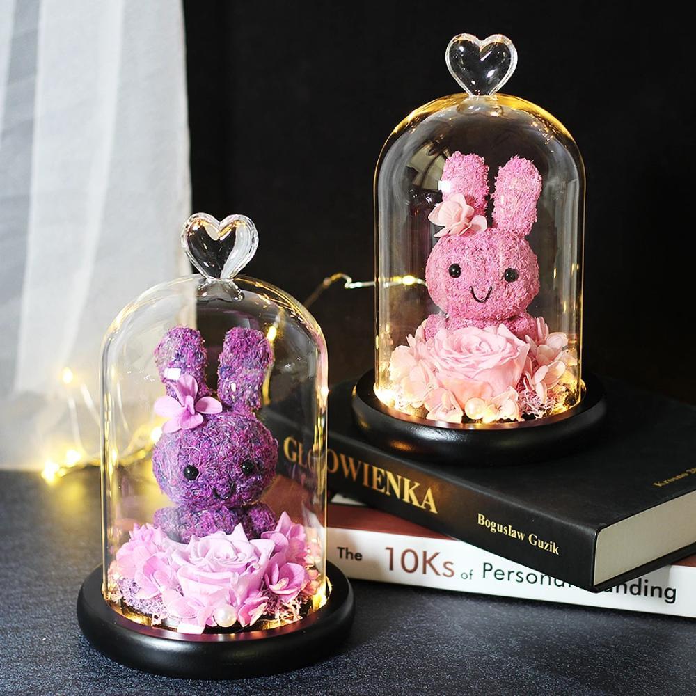 Immortal Preserved Rose Bunny Rabbit Glass LED Display (6 Designs)