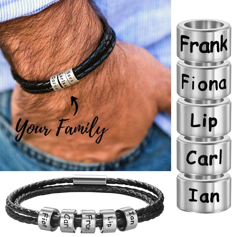 Men or Women Leather Custom Bracelet Personalized Beads Children, Pets, Family Names (up to 10 names)