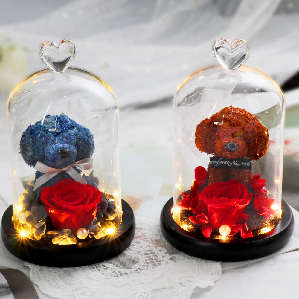 Immortal Preserved Rose Puppy Dog Glass LED Display (4 Colors)