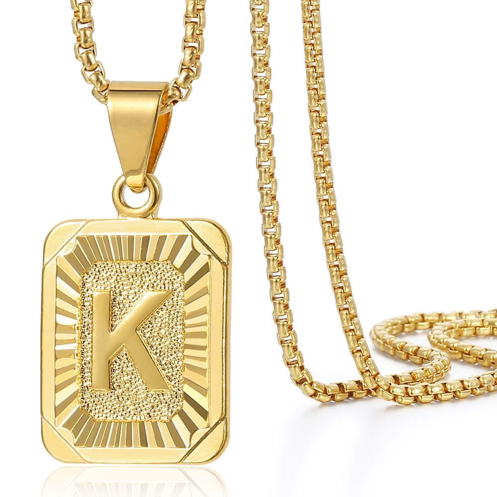 Personalized Letter Initial Custom Square Pendant Necklace (Yellow Gold)
