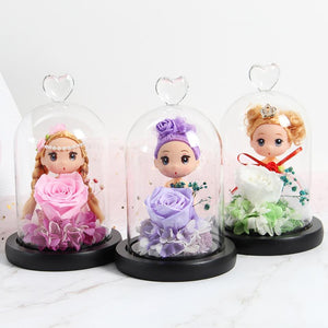 Immortal Enchanted Rose Glass Heart Dome w/ Princess Doll (13 Designs)