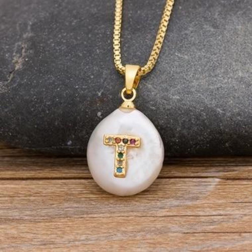 Gold Pearl Charm Personalized Letter Initial Custom Necklace