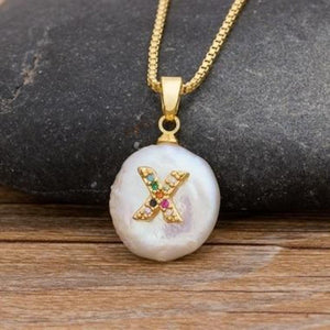 Gold Pearl Charm Personalized Letter Initial Custom Necklace