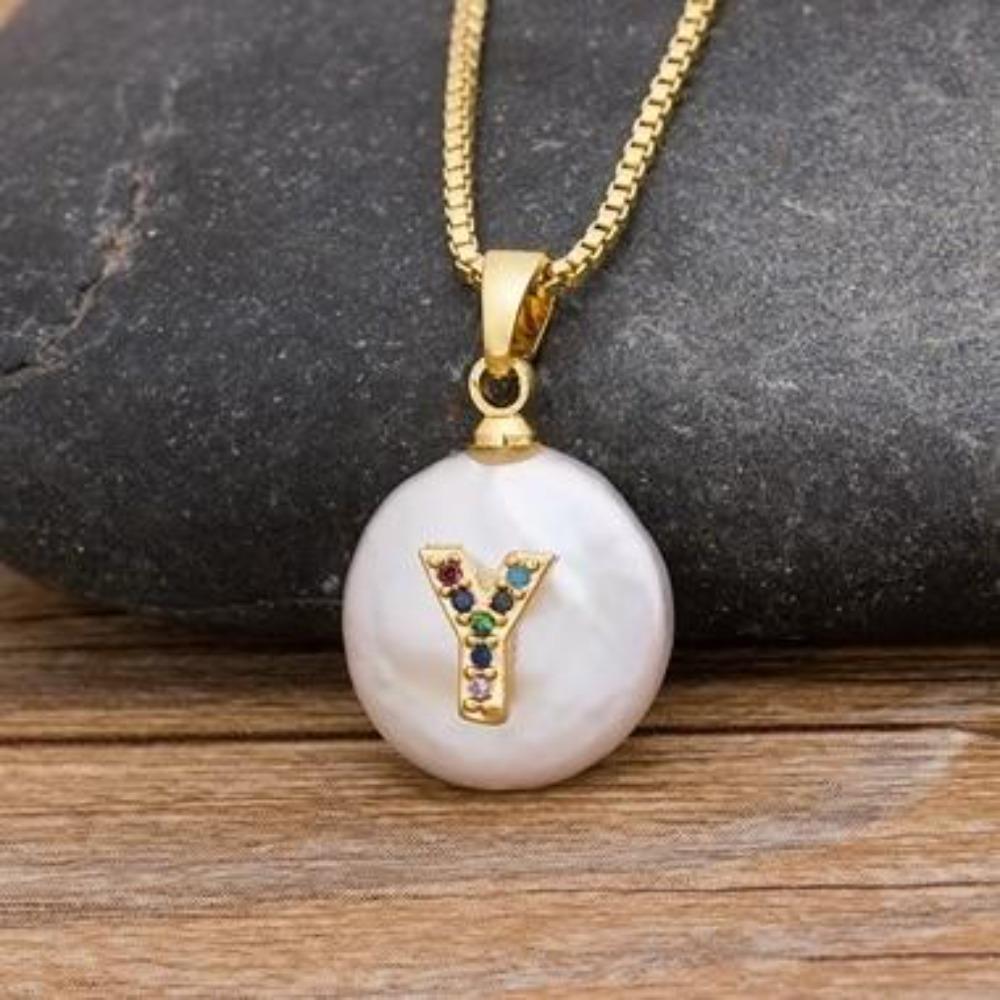 Gold Pearl Charm Personalized Letter Initial Custom Necklace