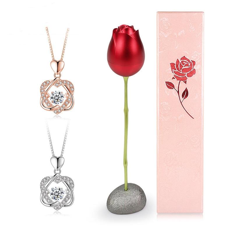 "Infinity" Metal Rose Jewelry Holder Optional Cubic Zirconia Necklace (Red or Blue Rose) Rose Gold or Silver Necklace
