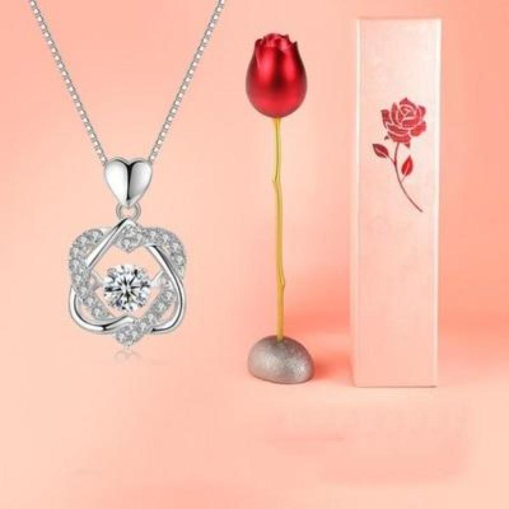 "Infinity" Metal Rose Jewelry Holder Optional Cubic Zirconia Necklace (Red or Blue Rose) Rose Gold or Silver Necklace