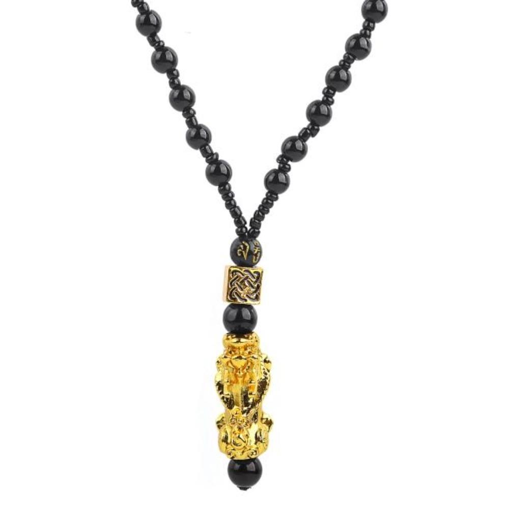 Feng Shui Pixiu Wealth and Good Luck Black Obsidian Pendant Charm Necklace