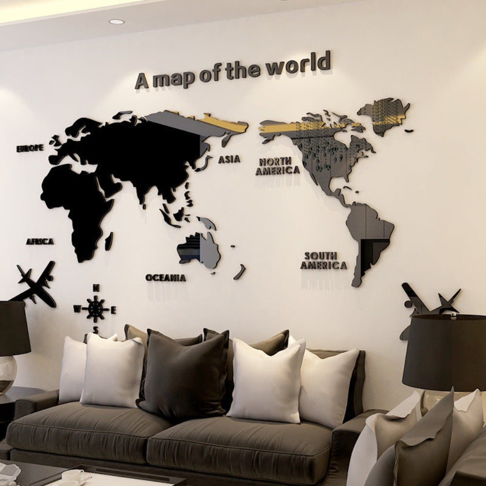 3D World Map Plot Wall Sticker (10 Colors) S-2XL Black Best Gift Shoppers Purple Option North America Europe Asia South America Africa Oceania Yellow