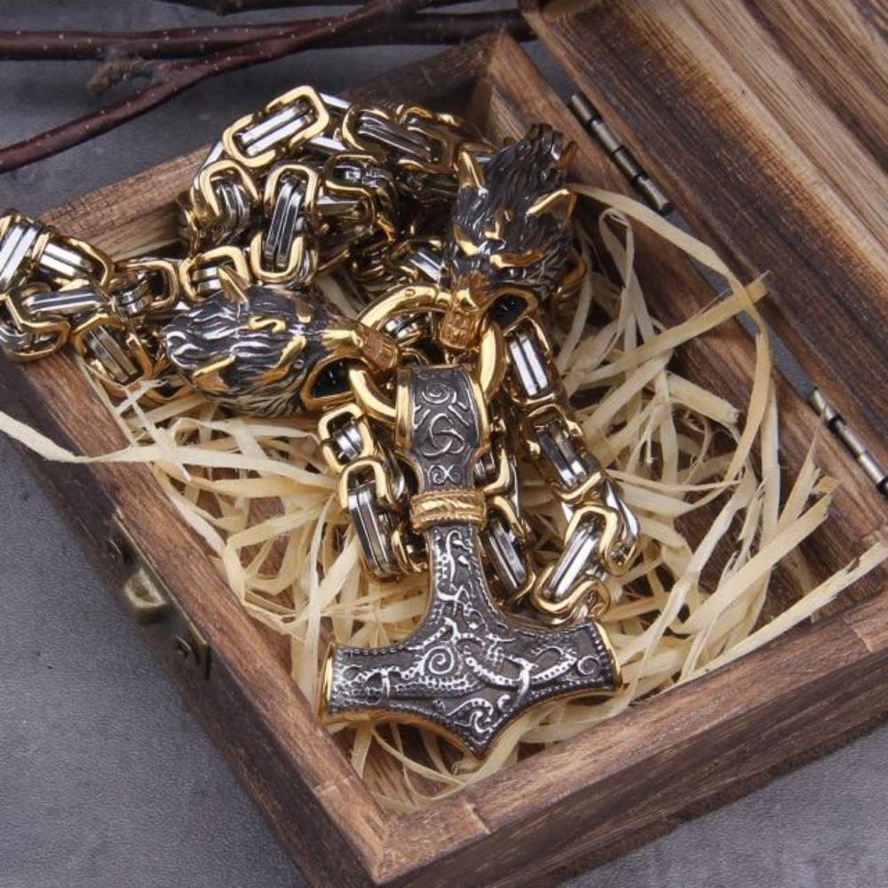Viking Thor Hammer Pendant Norse Wolf Head Chain Necklace (6 Designs & 3 Sizes)