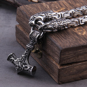 Viking Thor Hammer Pendant Norse Wolf Head Chain Necklace (6 Designs & 3 Sizes)