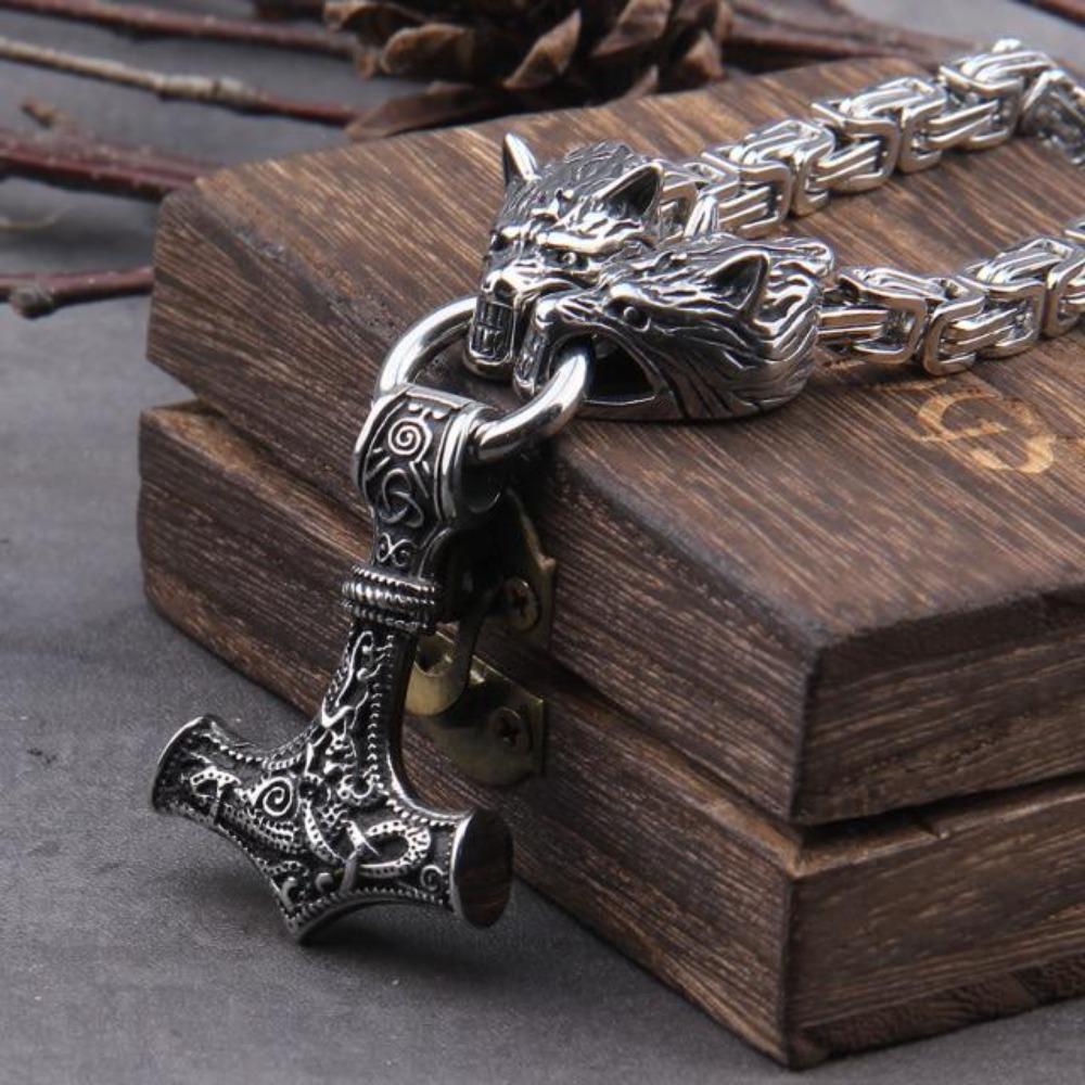 Viking Thor Hammer Pendant Norse Wolf Head Chain Necklace (6 Designs & 3 Sizes)