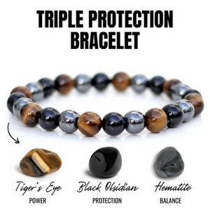 Black Obsidian Tiger Eye Stone Triple Protection Hematite Bracelet (2 Sizes)