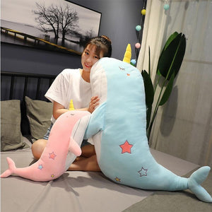 XL Sleepy Narwhal Whale Pillow Plush 3D Stuffed Animal (2 Sizes) 4 Colors