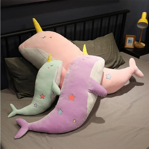 XL Sleepy Narwhal Whale Pillow Plush 3D Stuffed Animal (2 Sizes) 4 Colors