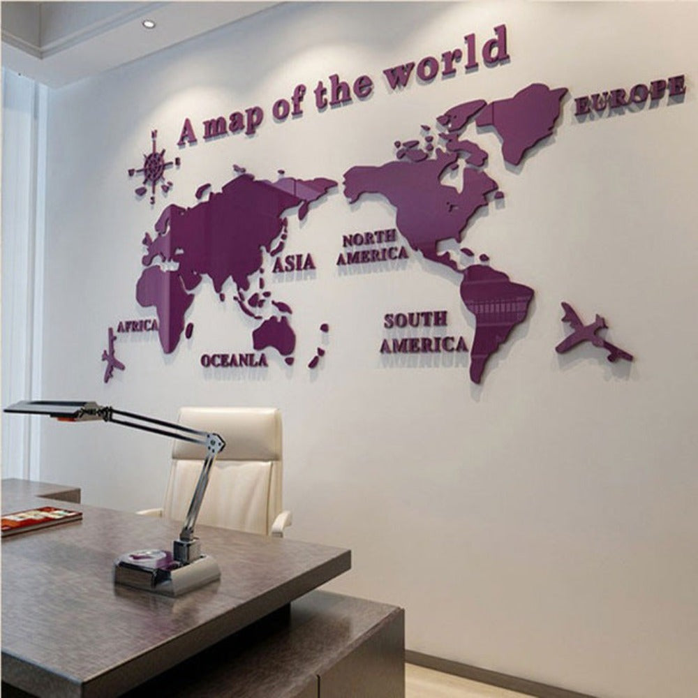 3D World Map Plot Wall Sticker (10 Colors) S-2XL Black Best Gift Shoppers Purple Option North America Europe Asia South America Africa
