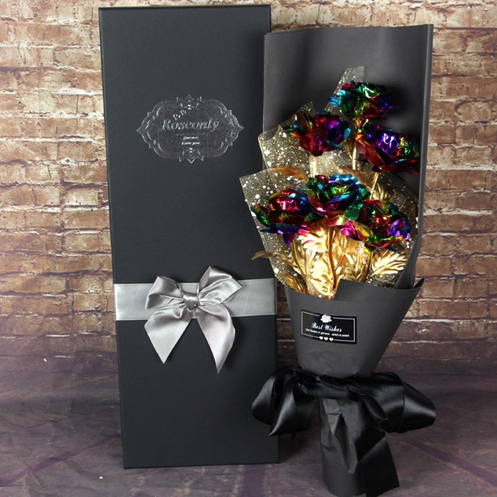 24k Galaxy Foil Rose Bouquet 6 Flower Arrangement (5 Colors) w/Gift Box
