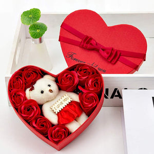 Red Rose Teddy Bear Bouquet Enchanted Soap Flower w/Heart Gift Box