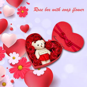 Red Rose Teddy Bear Bouquet Enchanted Soap Flower w/Heart Gift Box