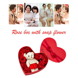 Red Rose Teddy Bear Bouquet Enchanted Soap Flower w/Heart Gift Box
