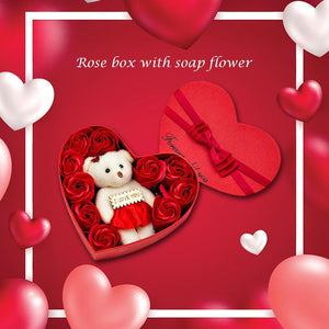 Red Rose Teddy Bear Bouquet Enchanted Soap Flower w/Heart Gift Box