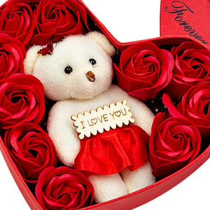 Red Rose Teddy Bear Bouquet Enchanted Soap Flower w/Heart Gift Box