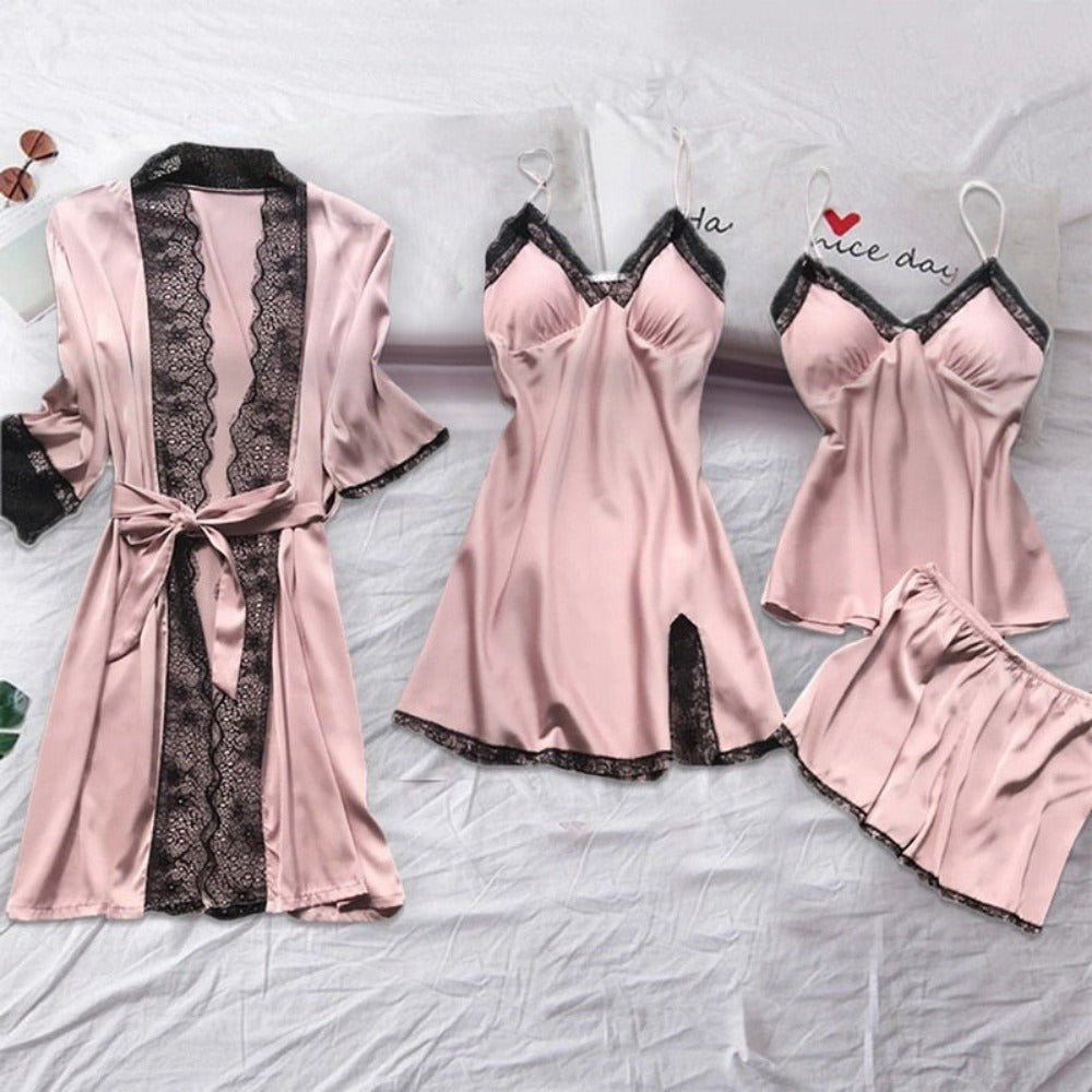 Silk Satin Floral Robe Pajamas Cami Shorts Set Lingerie (15 Styles) S-2XL