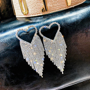 Rhinestone Ice Heart Tassel Earrings (Silver)