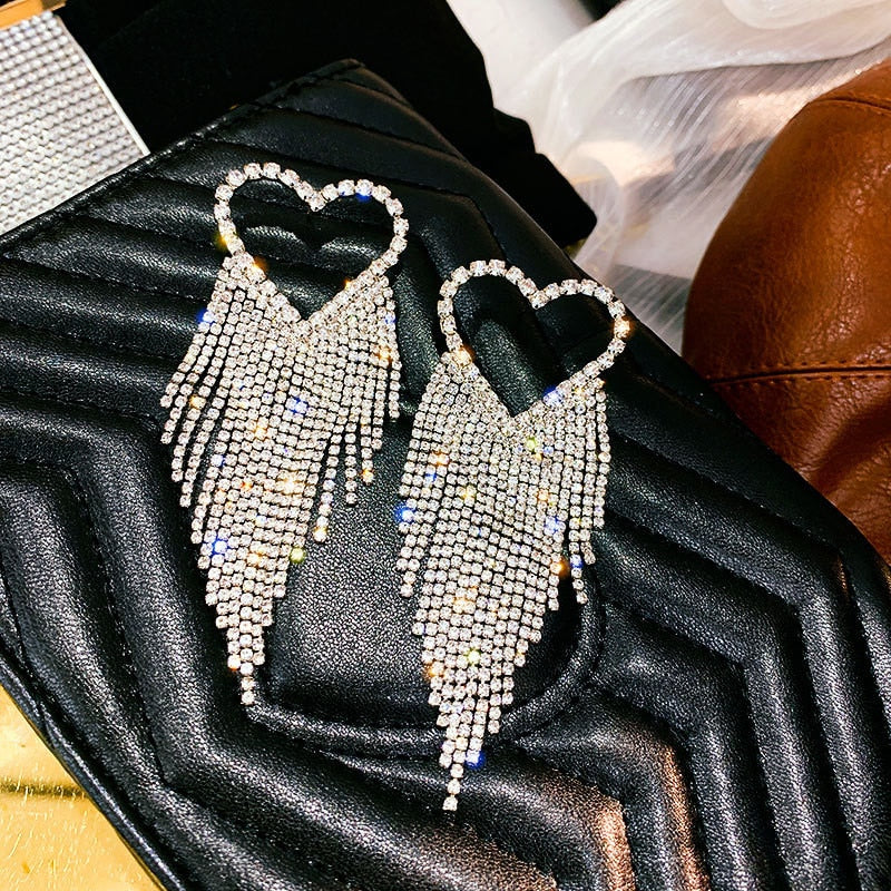 Rhinestone Ice Heart Tassel Earrings (Silver)