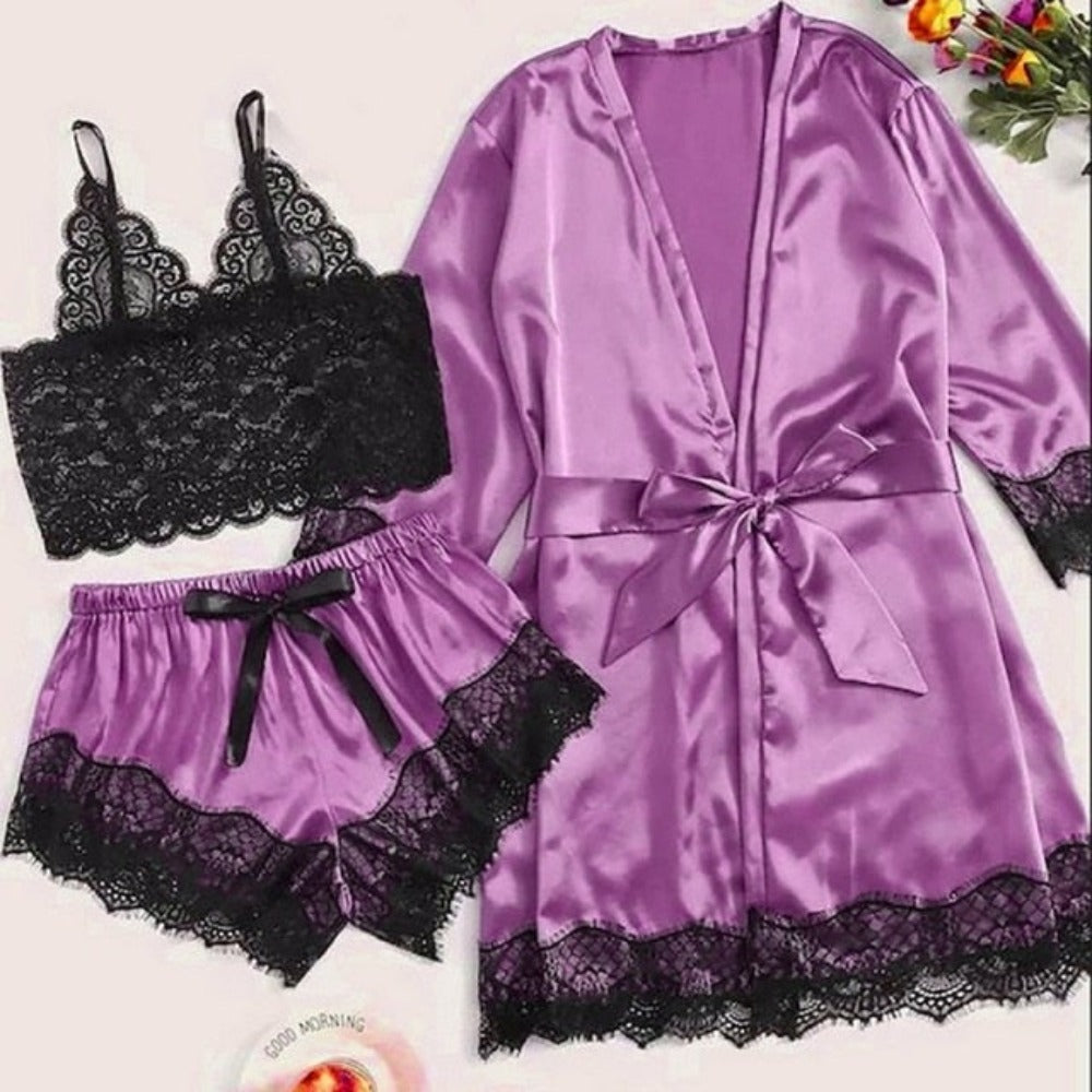 Silk Satin Floral Robe Pajamas Cami Shorts Set Lingerie (15 Styles) S-2XL