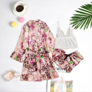 Silk Satin Floral Robe Pajamas Cami Shorts Set Lingerie (15 Styles) S-2XL