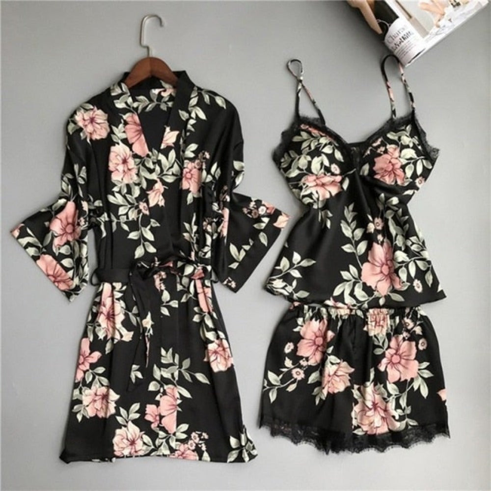 Silk Satin Floral Robe Pajamas Cami Shorts Set Lingerie (15 Styles) S-2XL