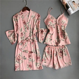 Silk Satin Floral Robe Pajamas Cami Shorts Set Lingerie (15 Styles) S-2XL