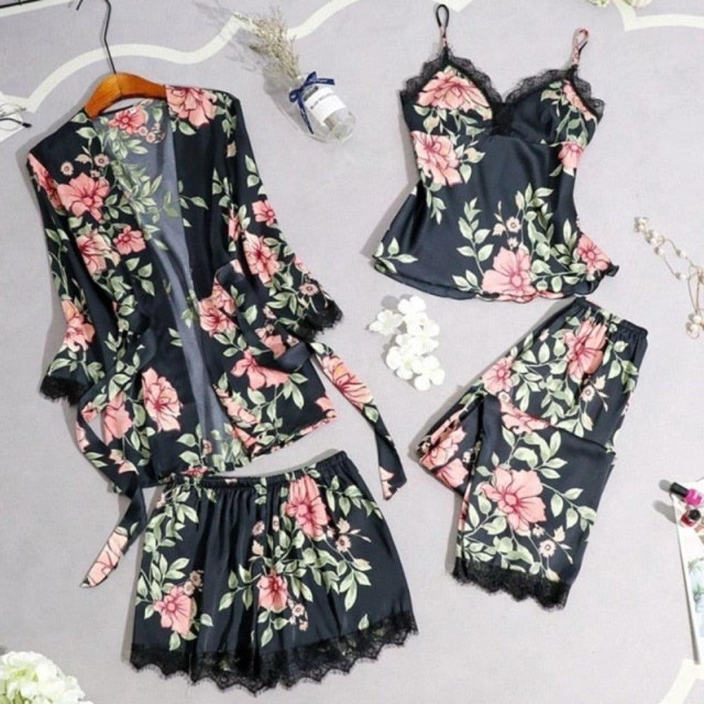 Silk Satin Floral Robe Pajamas Cami Shorts Set Lingerie (15 Styles) S-2XL