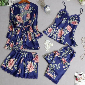Silk Satin Floral Robe Pajamas Cami Shorts Set Lingerie (15 Styles) S-2XL