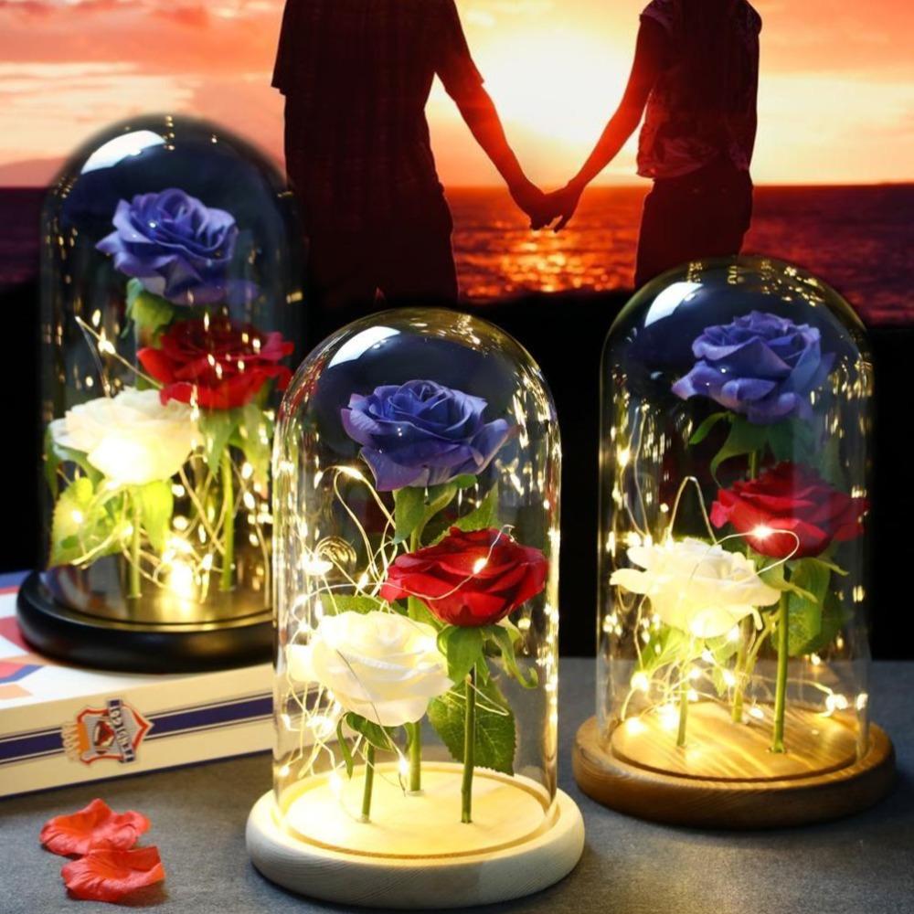 Star Spangled Triple Head Rose LED Glass Display (Red White &/or Blue) Pink