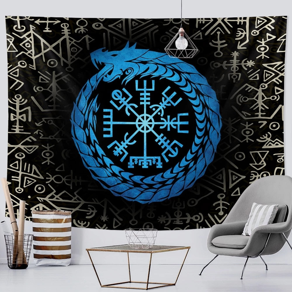 Viking Tapestry Ouroboros World Serpent Jörmungandr Compass Triquetra Raven Runes (5 Designs) 95x73cm
